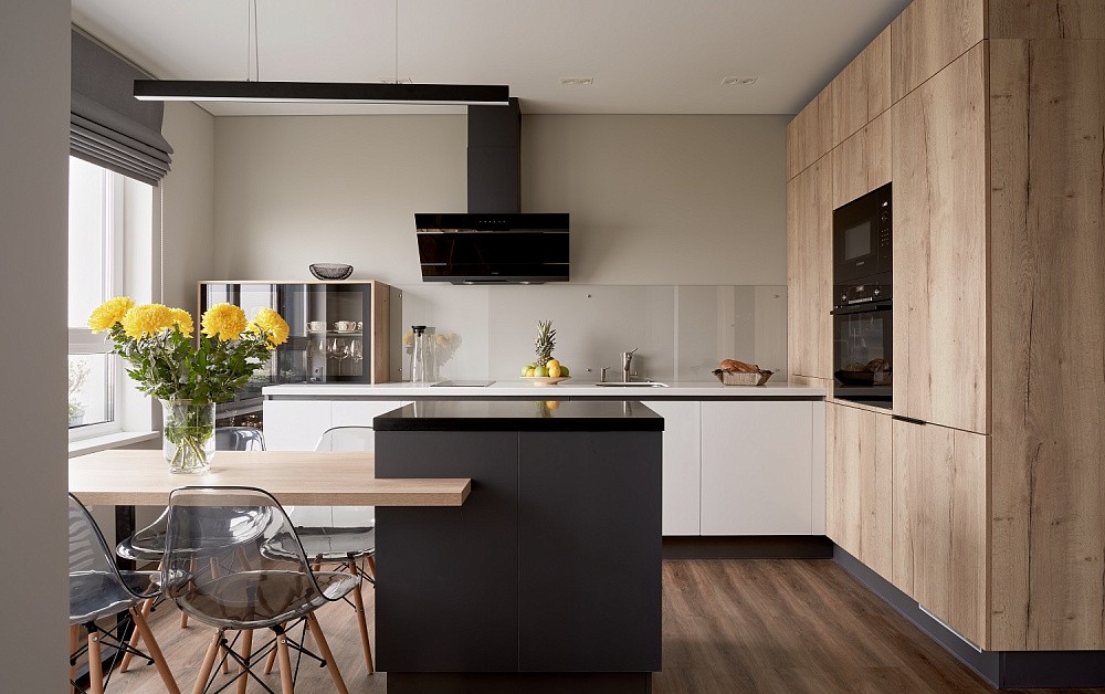 Необычная кухня в скандинавском стиле с островом